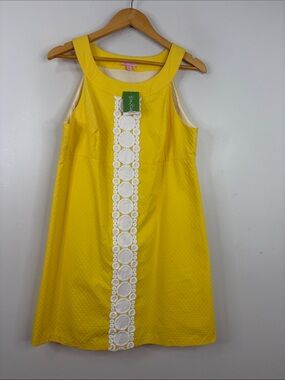 New Lilly Pulitzer Dress Womens 14 Yellow Cotton Crochet Sleeveless Shift 60s